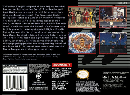 Mighty Morphin Power Rangers The Movie for Super Nintendo side scrolling beat em up featuring the Power Rangers battling enemies from the film with co op gameplay and action combat levels back cover art