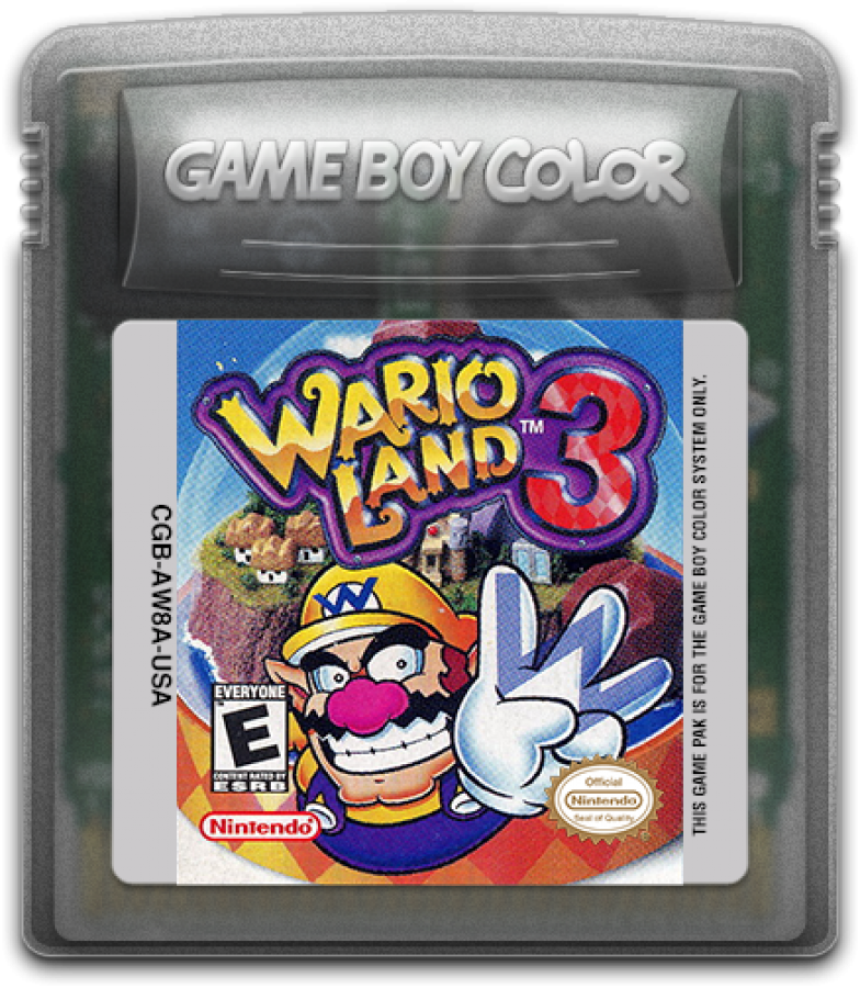 Retro Wario Land 3 Game Boy Color inspired design featuring classic Nintendo platform adventure aesthetic colorful treasure hunting gameplay quirky cartoon style side scrolling action puzzle exploration nostalgic handheld gaming presentation cartridge