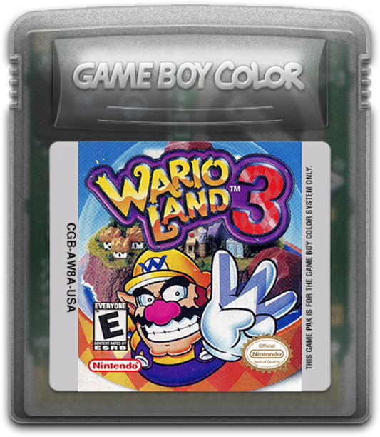 Retro Wario Land 3 Game Boy Color inspired design featuring classic Nintendo platform adventure aesthetic colorful treasure hunting gameplay quirky cartoon style side scrolling action puzzle exploration nostalgic handheld gaming presentation cartridge