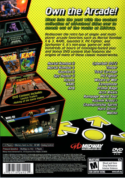 Midway Arcade Treasures back cover art for 2 PlayStation 2 (PS2) featuring a compilation of classic arcade hits like Mortal Kombat II, NARC, and Gauntlet II with retro multiplayer action.