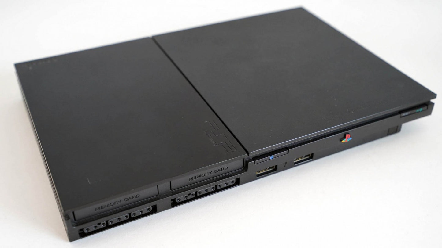 Rear view of the PlayStation 2 Slim console, showing power input, AV multi-out, digital out ports, and ventilation design, detailed image highlighting console connectivity and structure