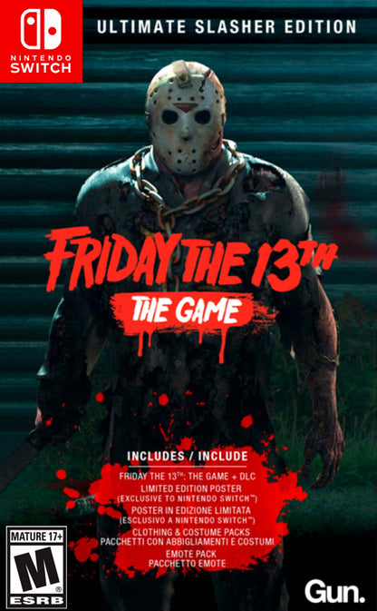 Friday the 13th: The Game Ultimate Slayer Edition for Nintendo Switch (NS) at Gamers INC, featuring the iconic Jason Voorhees on the cover, including all released DLC and retail-exclusive content for the ultimate horror gaming experience on the go front cover
