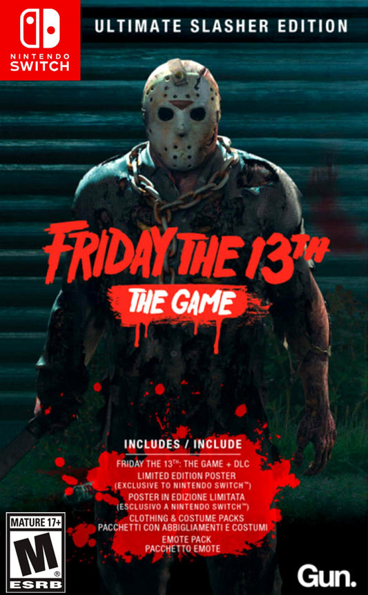 Friday the 13th: The Game Ultimate Slayer Edition for Nintendo Switch (NS) at Gamers INC, featuring the iconic Jason Voorhees on the cover, including all released DLC and retail-exclusive content for the ultimate horror gaming experience on the go front cover