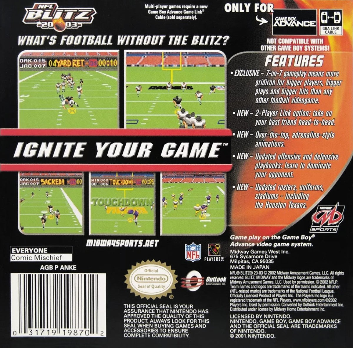 NFL Blitz 2003 Game Boy Advance GBA video game featuring arcade football sports gameplay NFL teams and players fast paced football action hard hitting tackles powerful offensive plays exaggerated sports action passing rushing touchdowns defensive hits multiplayer matches and classic Nintendo handheld arcade football gaming retro video game collection collectible gaming appeal back cover art
