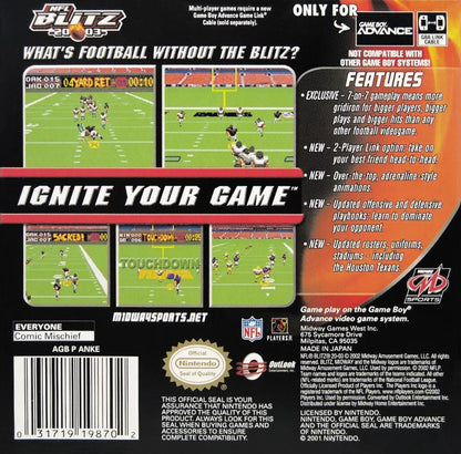 NFL Blitz 2003 Game Boy Advance GBA video game featuring arcade football sports gameplay NFL teams and players fast paced football action hard hitting tackles powerful offensive plays exaggerated sports action passing rushing touchdowns defensive hits multiplayer matches and classic Nintendo handheld arcade football gaming retro video game collection collectible gaming appeal back cover art