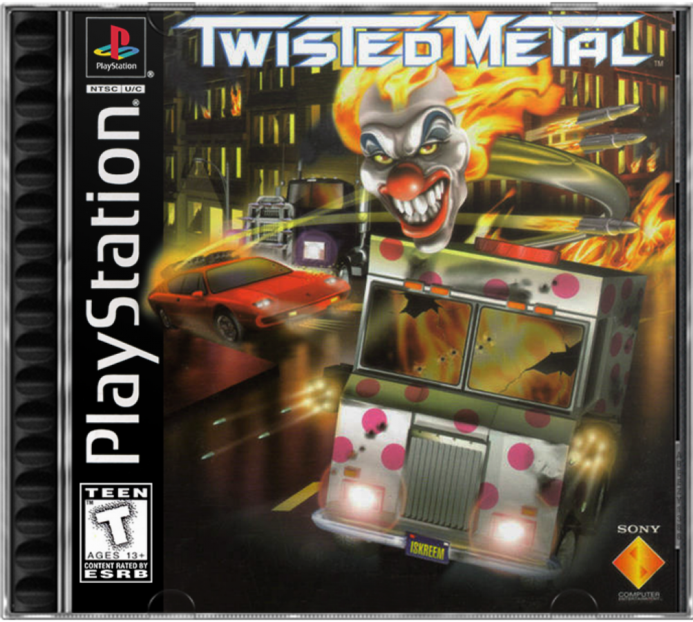 Twisted Metal for PlayStation 1, cover image for a vehicular combat game with car battles, destructive weapons, arena-based action, and classic arcade-style multiplayer gameplay