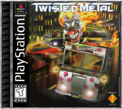 Twisted Metal for PlayStation 1, cover image for a vehicular combat game with car battles, destructive weapons, arena-based action, and classic arcade-style multiplayer gameplay