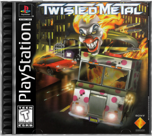 Twisted Metal for PlayStation 1, cover image for a vehicular combat game with car battles, destructive weapons, arena-based action, and classic arcade-style multiplayer gameplay