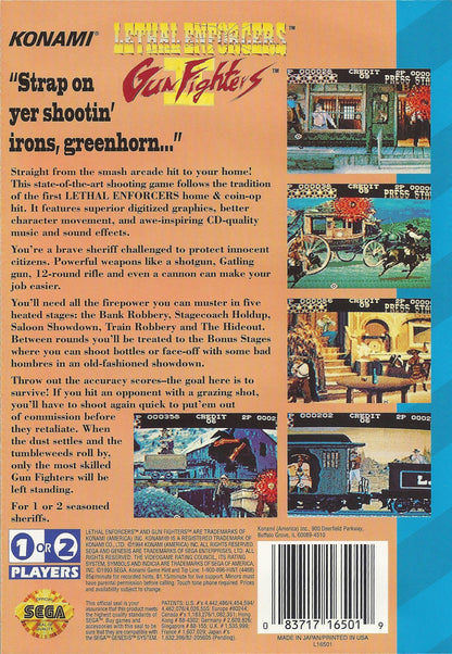Lethal Enforcers II Gun Fighters Sega CD Sega CD light gun shooter western themed arcade shooting cowboy outlaws train robberies GunCon style aiming Konami FMV style presentation cooperative arcade gameplay retro gaming Sega CD software video game title back cover art