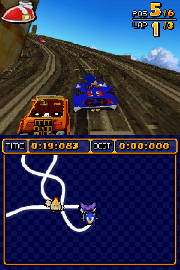 Sonic & SEGA All-Stars Racing for Nintendo DS, gameplay for an arcade racing video game with kart-style racing, character-based vehicles, power-ups, and competitive multiplayer gameplay