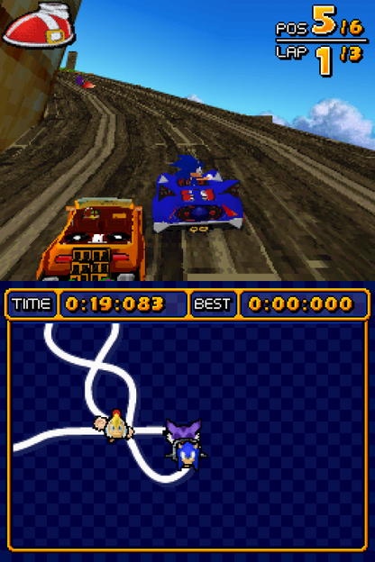 Sonic & SEGA All-Stars Racing for Nintendo DS, gameplay for an arcade racing video game with kart-style racing, character-based vehicles, power-ups, and competitive multiplayer gameplay