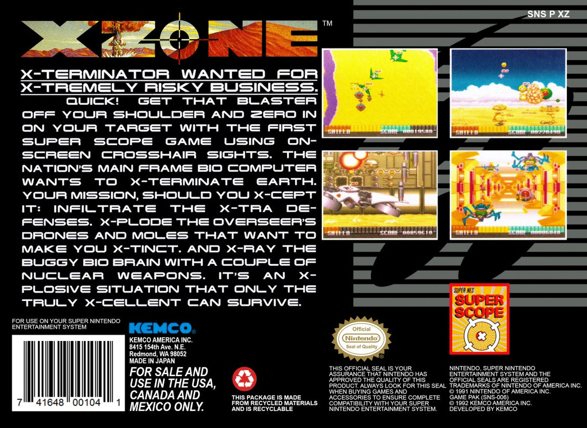 X Zone Super Nintendo Entertainment System SNES retro video game action shooting gameplay featuring fast paced arcade style combat challenging missions futuristic action mechanics classic 16 bit graphics Super Nintendo gaming experience retro game collection appeal back cover art