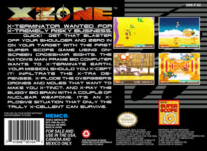 X Zone Super Nintendo Entertainment System SNES retro video game action shooting gameplay featuring fast paced arcade style combat challenging missions futuristic action mechanics classic 16 bit graphics Super Nintendo gaming experience retro game collection appeal back cover art