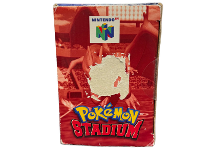 Pokemon Stadium Nintendo 64 N64 battle simulator game 3D Pokemon battles transfer pak compatibility mini games tournament mode multiplayer Nintendo classic retro gaming cartridge video game title gameplay side of box