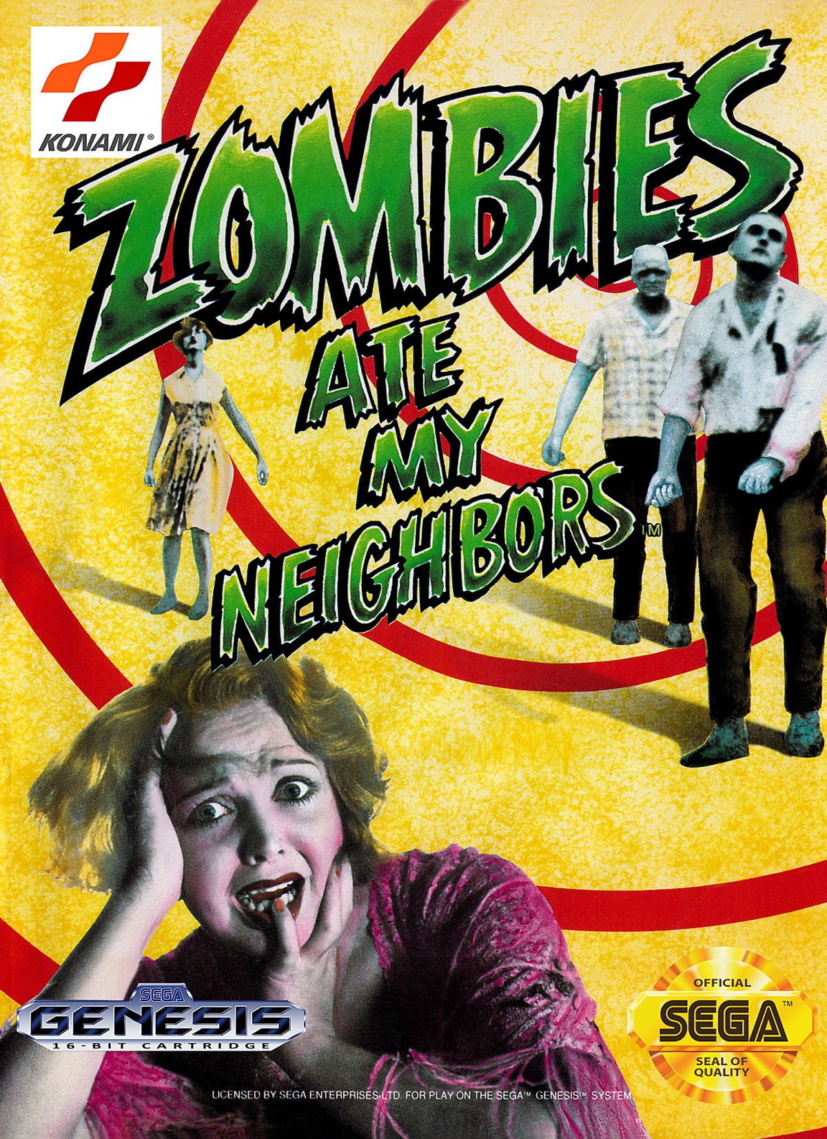 Zombies Ate My Neighbors Sega Genesis classic run and gun co-op survival horror themed rescue neighbors across 55 levels cult classic cover art 