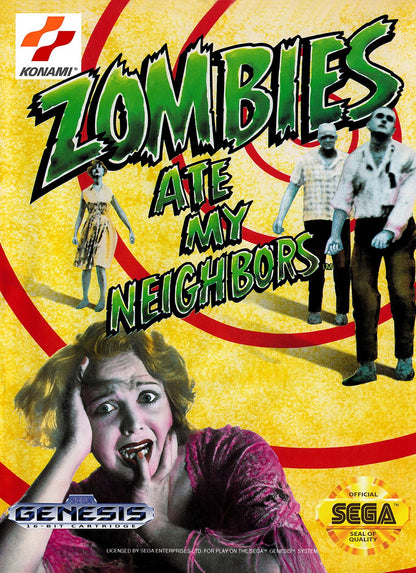Zombies Ate My Neighbors Sega Genesis classic run and gun co-op survival horror themed rescue neighbors across 55 levels cult classic cover art 