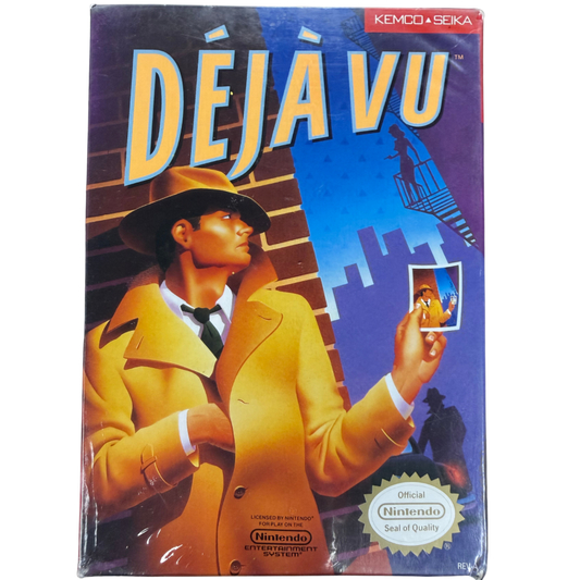 Deja Vu Nintendo Entertainment System NES factory sealed for adventure mystery video game fans featuring detective investigation noir storytelling clue solving item collection exploration puzzles atmospheric locations and classic point and click gameplay collectible retro Nintendo gaming appeal sealed collector condition front cover