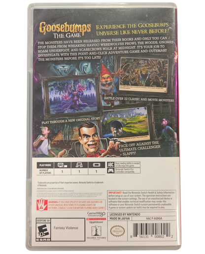 Goosebumps The Game Nintendo Switch for adventure video game fans featuring spooky puzzle solving interactive storytelling mysterious exploration classic Goosebumps monsters point and click gameplay family friendly horror collectible gaming appeal box art back