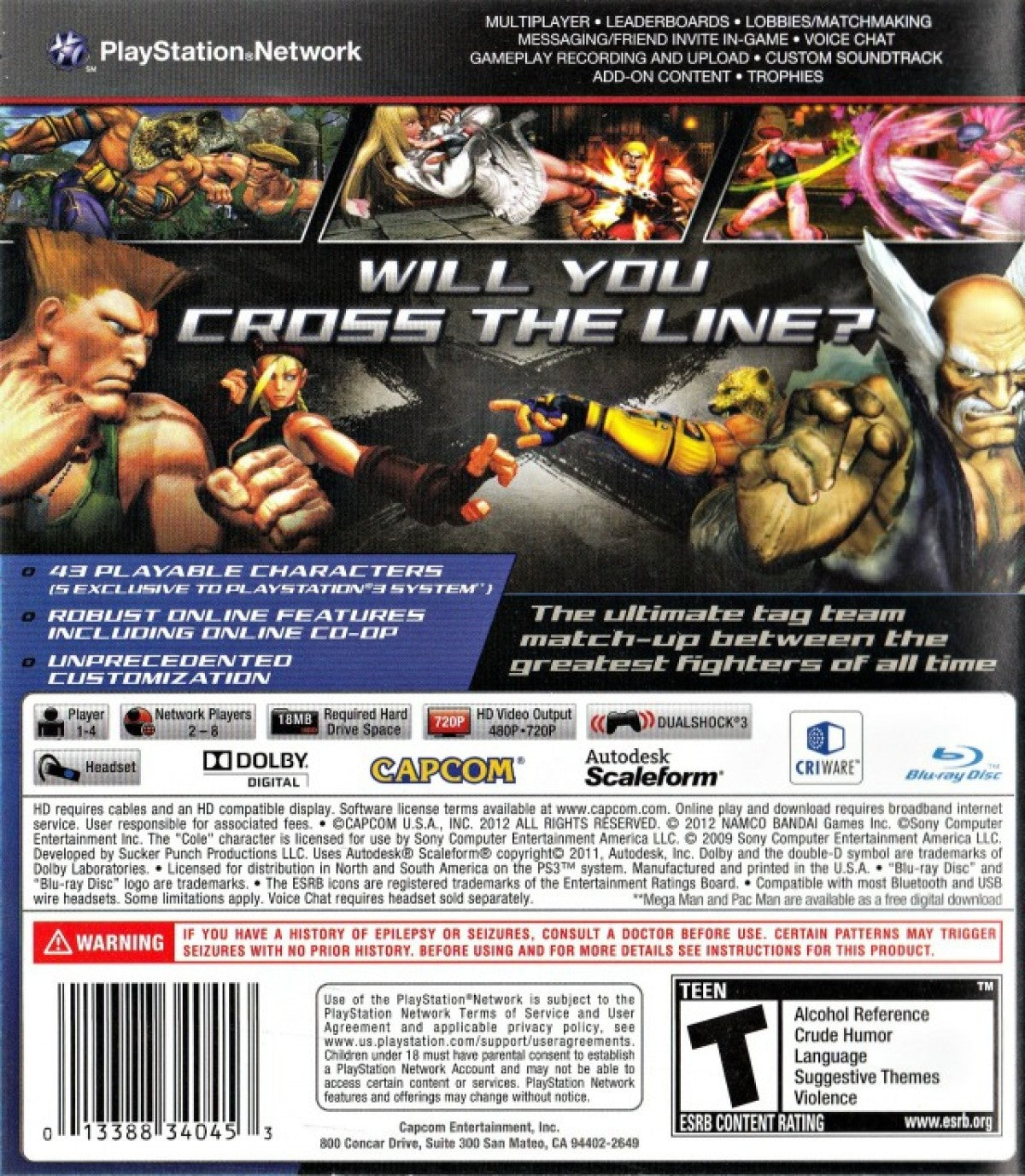 Street Fighter X Tekken for PlayStation 3 (PS3) at Gamers INC, featuring an epic crossover roster from two legendary fighting franchises with a tag-team combat system, Gem enhancements, and explosive cinematic special moves for the ultimate 2D fighter experience back cover