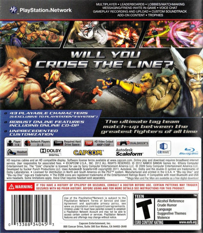 Street Fighter X Tekken for PlayStation 3 (PS3) at Gamers INC, featuring an epic crossover roster from two legendary fighting franchises with a tag-team combat system, Gem enhancements, and explosive cinematic special moves for the ultimate 2D fighter experience back cover