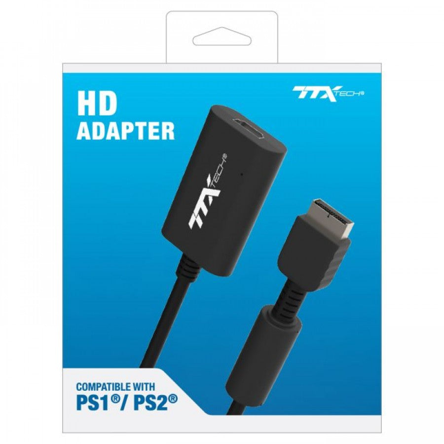 AV to HD Adapter for PlayStation and PlayStation 2 PS1 PS2 accessory featuring HDMI output support easy plug and play connection improved video display compatibility with modern HDTV and monitors compact design and convenient gaming setup upgrade collectible gaming accessory appeal