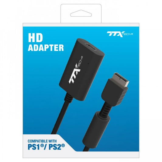 AV to HD Adapter for PlayStation and PlayStation 2 PS1 PS2 accessory featuring HDMI output support easy plug and play connection improved video display compatibility with modern HDTV and monitors compact design and convenient gaming setup upgrade collectible gaming accessory appeal