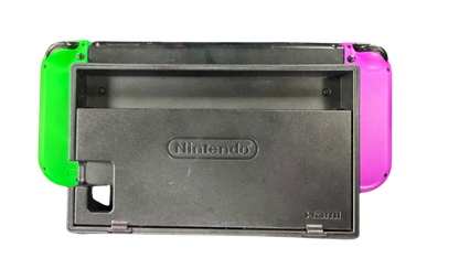 Nintendo Switch System NS with Dock Green and Purple Joy Cons Scratch and Scuff Condition Nintendo hybrid gaming console handheld and TV play modes detachable Joy Con controllers touchscreen display multiplayer gaming dock included colorful controller design used Nintendo gaming system console hardware collectible gaming setup appeal bakc