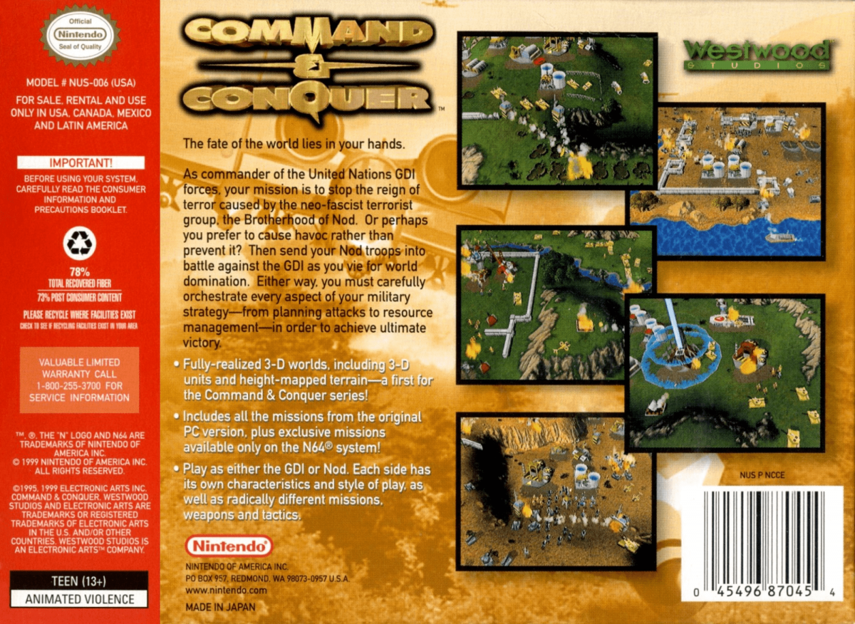 Command and Conquer back cover art for Nintendo 64 (N64) video game