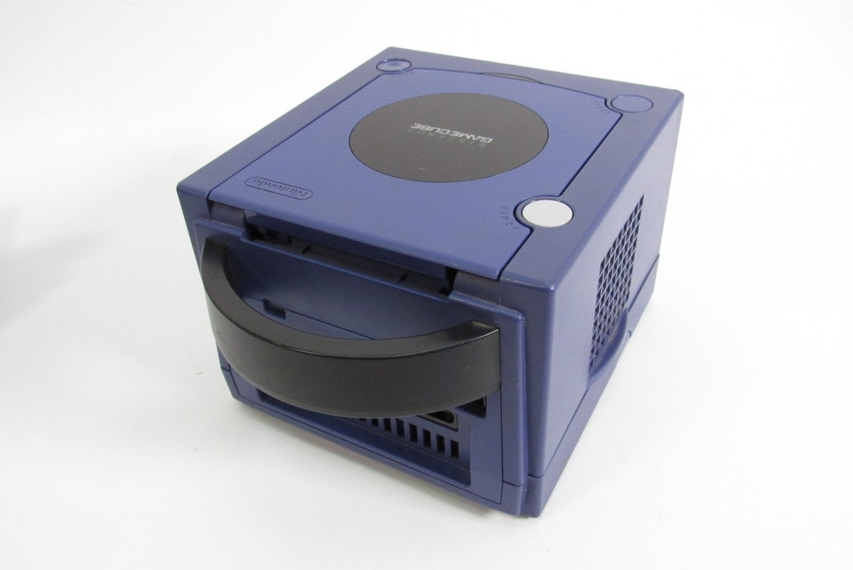 Indigo Nintendo GameCube rear view showing back connection ports and side cooling fan vent.