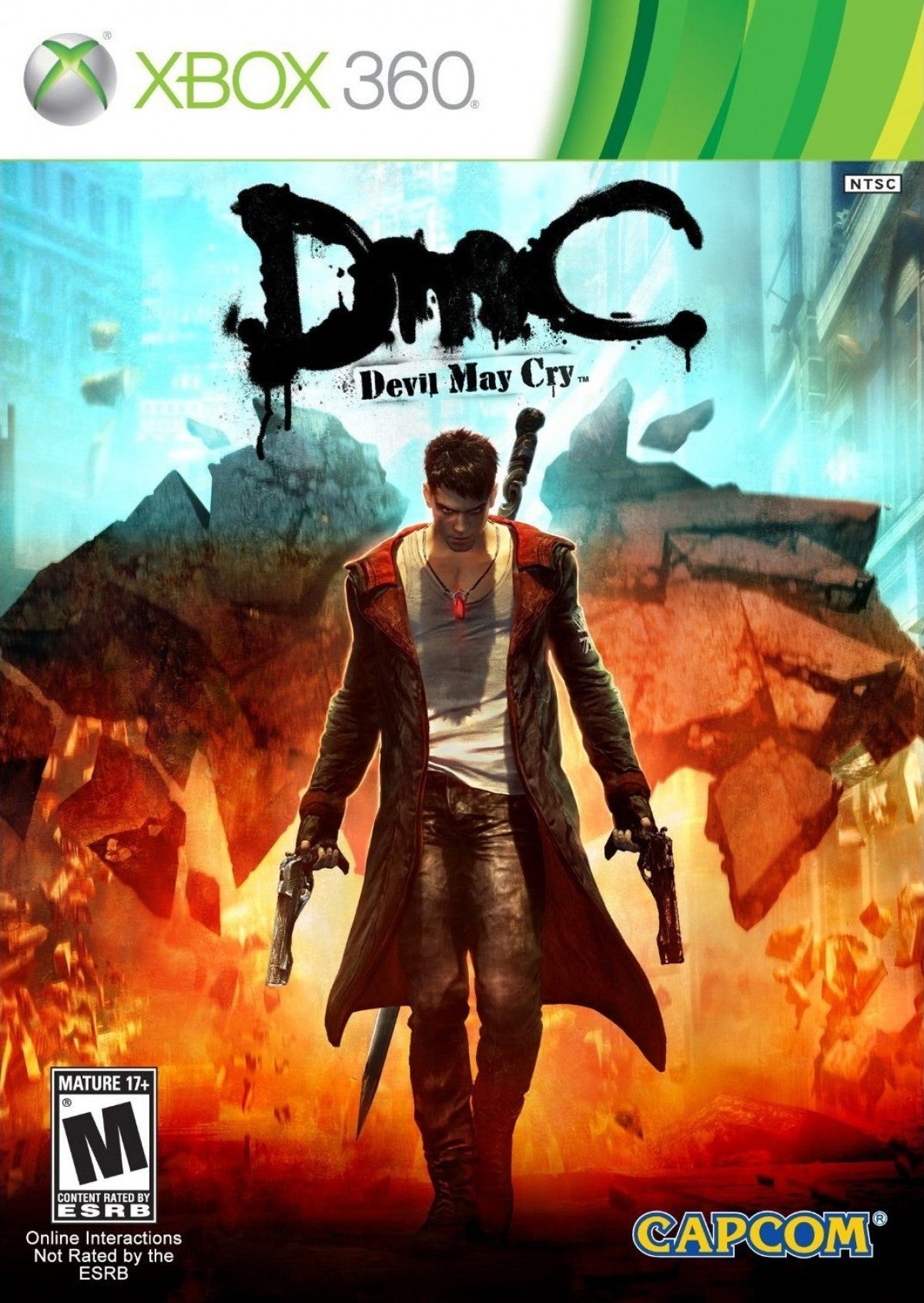 Retro DmC Devil May Cry Xbox 360 inspired design featuring stylized hack and slash action aesthetic vintage HD era demon hunting combat urban limbo world neon surreal environments fast paced aerial combos Dante reboot storyline nostalgic Capcom action presentation cover art