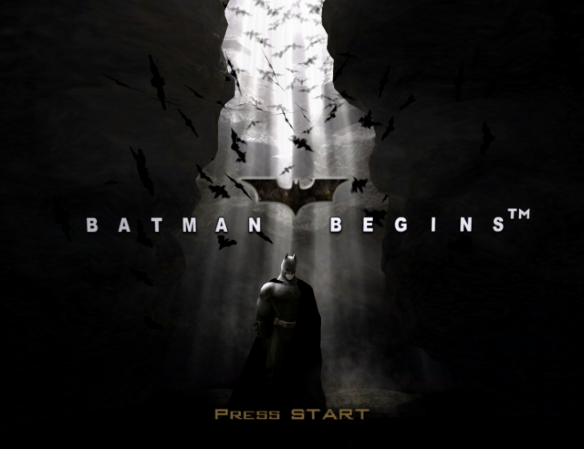 Batman Begins GameCube GC video game, action stealth adventure, superhero gameplay, movie tie-in, combat and stealth mechanics, Nintendo GameCube title main menu title screen