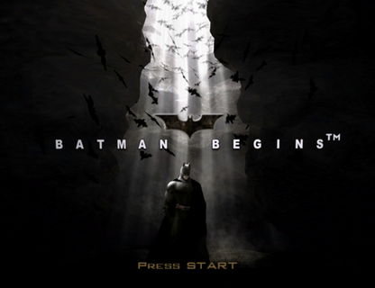 Batman Begins GameCube GC video game, action stealth adventure, superhero gameplay, movie tie-in, combat and stealth mechanics, Nintendo GameCube title main menu title screen