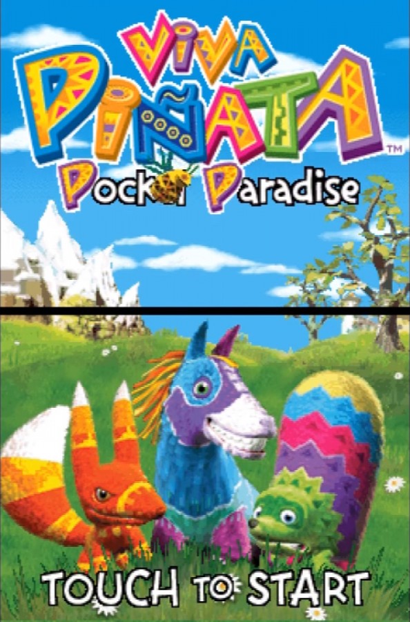 Viva Piñata Pocket Paradise for Nintendo DS, title screen for a life simulation video game with garden management, creature collecting, resource management, and colorful casual gameplay