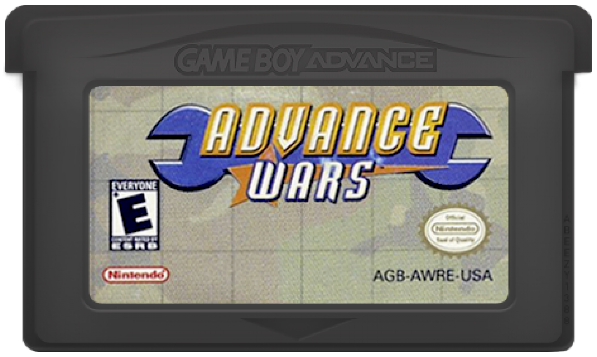 Advance Wars cartridge for the Game Boy Advance featuring turn based strategy gameplay with grid based combat commanding units resource management and campaign missions with colorful military commanders cartridge
