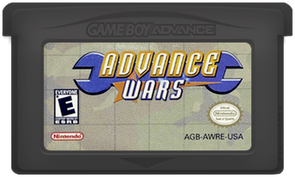 Advance Wars cartridge for the Game Boy Advance featuring turn based strategy gameplay with grid based combat commanding units resource management and campaign missions with colorful military commanders cartridge