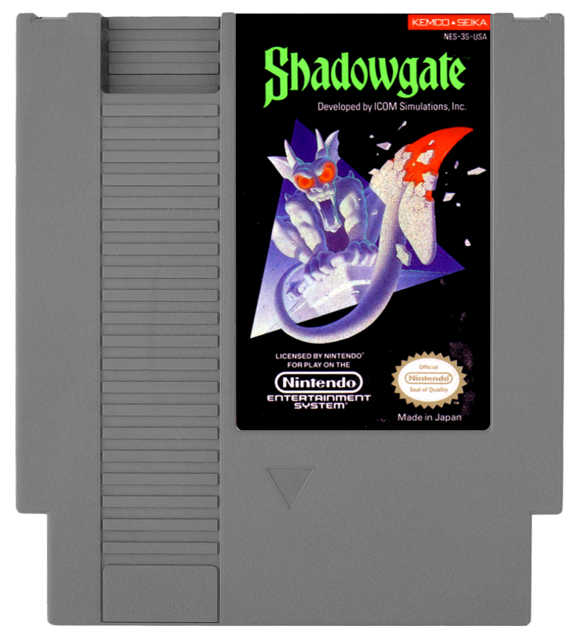 Shadowgate Nintendo Entertainment System NES video game featuring fantasy adventure gameplay castle exploration puzzle solving item collection mysterious environments dangerous traps and challenging point and click style gameplay classic 8 bit retro video game collection collectible gaming appeal game cartridge