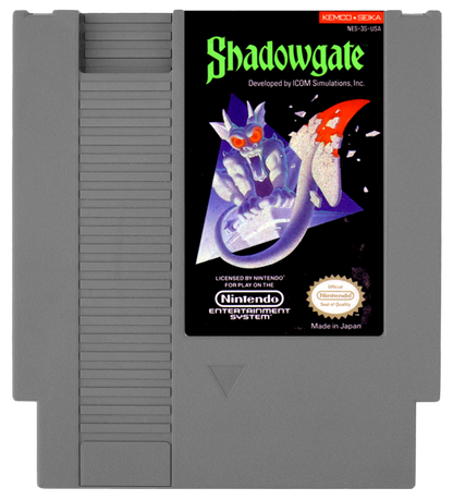 Shadowgate Nintendo Entertainment System NES video game featuring fantasy adventure gameplay castle exploration puzzle solving item collection mysterious environments dangerous traps and challenging point and click style gameplay classic 8 bit retro video game collection collectible gaming appeal game cartridge