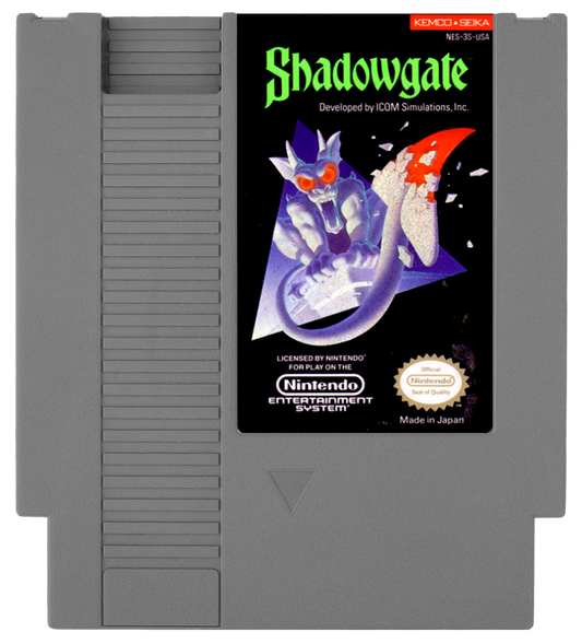 Shadowgate Nintendo Entertainment System NES video game featuring fantasy adventure gameplay castle exploration puzzle solving item collection mysterious environments dangerous traps and challenging point and click style gameplay classic 8 bit retro video game collection collectible gaming appeal game cartridge