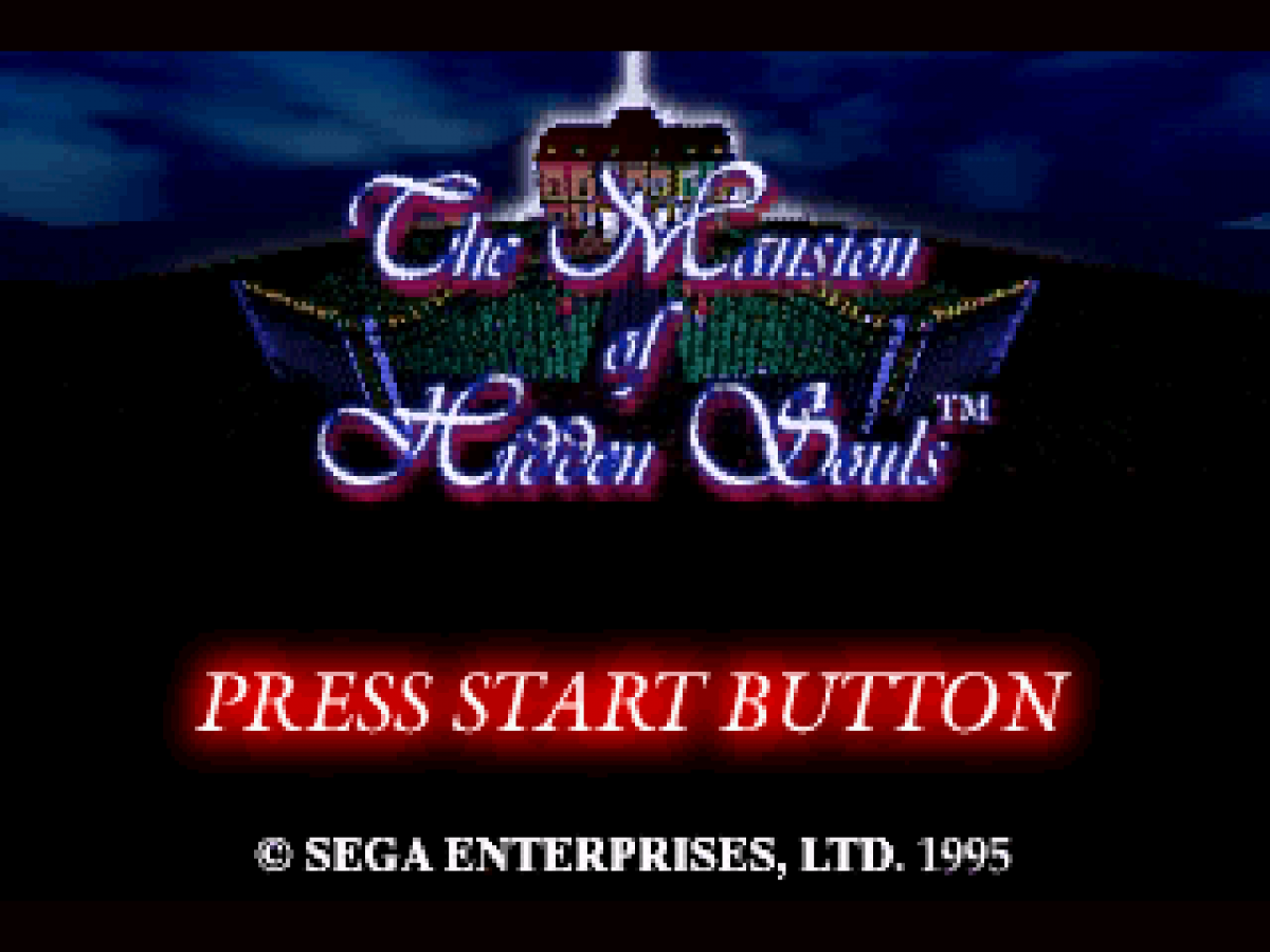 Mansion of Hidden Souls Sega CD first person point and click FMV style adventure game haunted mansion mystery ghost characters puzzle solving atmospheric horror interactive movie gameplay Sega CD software video game title start screen 