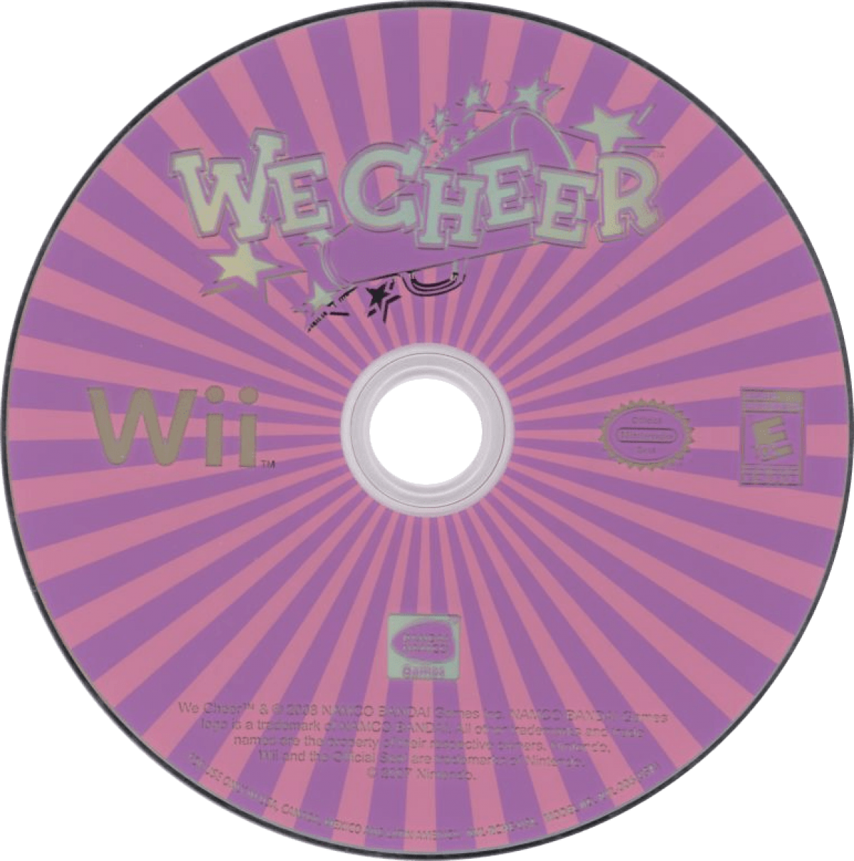We Cheer Wii inspired design featuring energetic cheerleading rhythm game aesthetic motion controlled routines squad performances colorful competition atmosphere upbeat music gameplay team spirit and athletic choreography nostalgic Nintendo Wii presentation disc