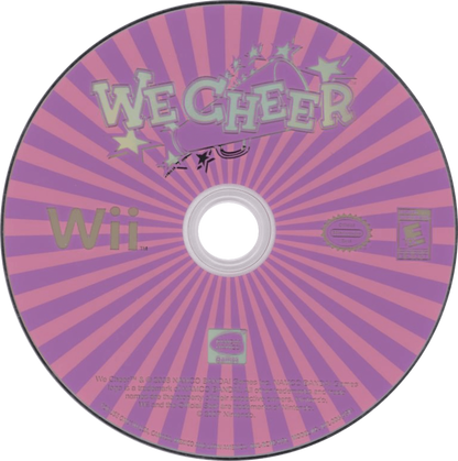 We Cheer Wii inspired design featuring energetic cheerleading rhythm game aesthetic motion controlled routines squad performances colorful competition atmosphere upbeat music gameplay team spirit and athletic choreography nostalgic Nintendo Wii presentation disc