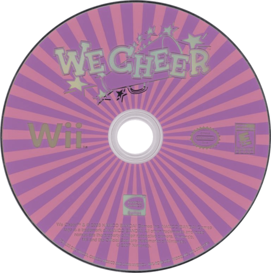 We Cheer Wii inspired design featuring energetic cheerleading rhythm game aesthetic motion controlled routines squad performances colorful competition atmosphere upbeat music gameplay team spirit and athletic choreography nostalgic Nintendo Wii presentation disc