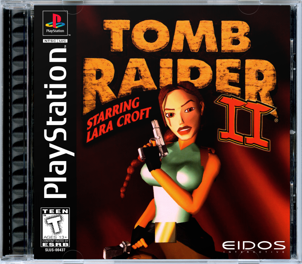 Tomb Raider II: Starring Lara Croft cover art for PlayStation 1 (PS1) video game, action adventure, exploration and puzzles, classic Lara Croft title