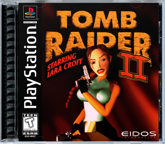 Tomb Raider II: Starring Lara Croft cover art for PlayStation 1 (PS1) video game, action adventure, exploration and puzzles, classic Lara Croft title