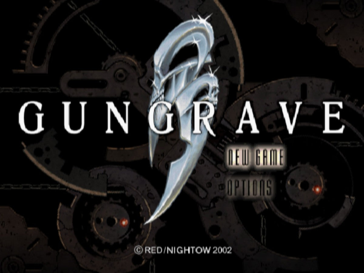 Retro Gungrave PS2 inspired design featuring dark sci fi anime shooter aesthetic vintage PlayStation 2 action gameplay dual wield guns blazing antihero futuristic crime syndicate battles cel shaded style explosive arcade combat nostalgia start screen