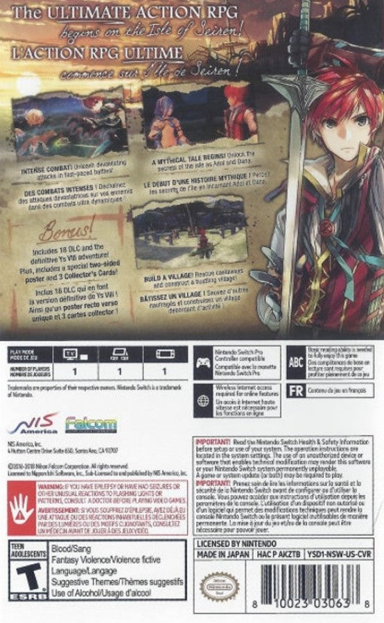 Ys VIII Lacrimosa of DANA Nintendo Switch NS video game featuring action role playing gameplay Adol Christin island exploration real time combat enemy battles character progression party based adventure crafting mysterious environments and fantasy storytelling back cover art