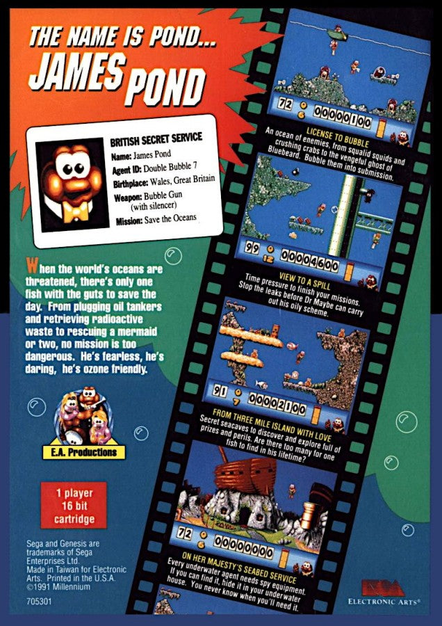 James Pond Nintendo Entertainment System NES for retro video game enthusiasts featuring action platforming gameplay underwater adventure secret agent missions puzzle solving creative level design colorful characters and collectible gaming appeal back cover