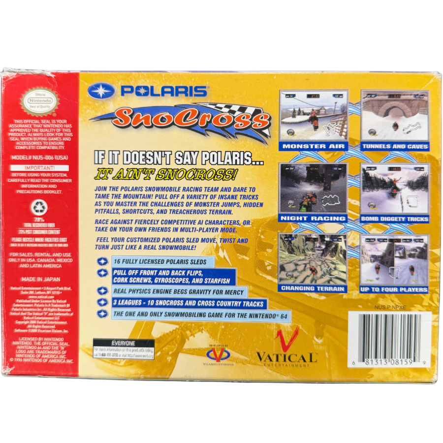 Polaris SnoCross Nintendo 64 N64 for snowmobile racing video game fans featuring high speed snocross racing icy tracks snow covered environments Polaris snowmobiles stunt jumps challenging courses vehicle control and arcade style racing gameplay collectible retro Nintendo 64 gaming appeal back cover art