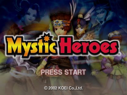 Mystic Heroes title screen for GameCube game featuring hack-and-slash action gameplay with anime-style characters and fantasy combat  