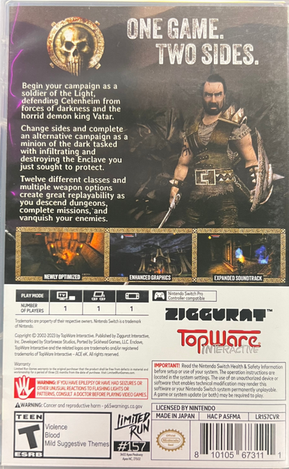 Enclave HD Nintendo Switch NS for action role playing video game fans featuring third person combat fantasy adventure multiple playable characters sword fighting magic abilities dungeon exploration challenging enemies character progression and enhanced HD visuals collectible gaming appeal back cover art
